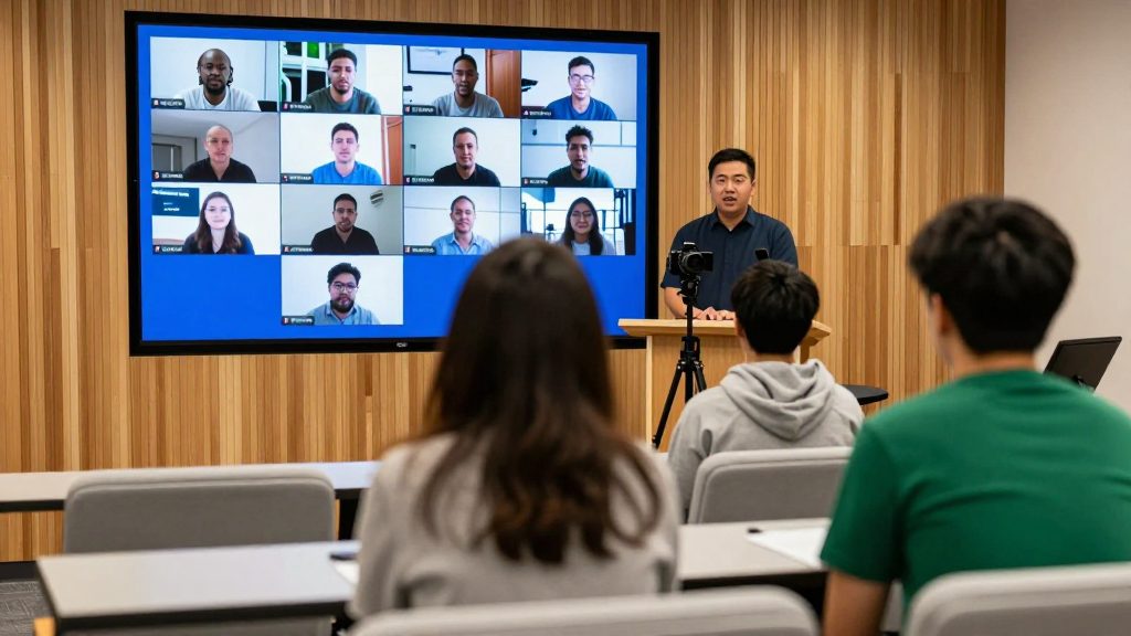 An instructor delivering a hybrid session to in-room and remote students