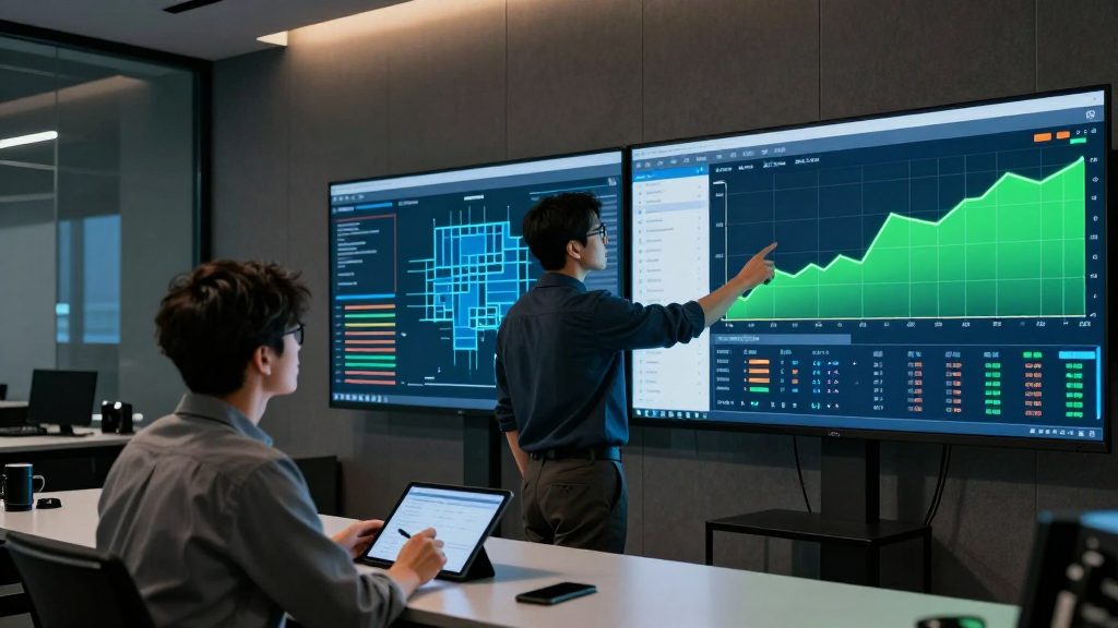 Engineers reviewing building-performance analytics on a wall of monitors in the research operations room